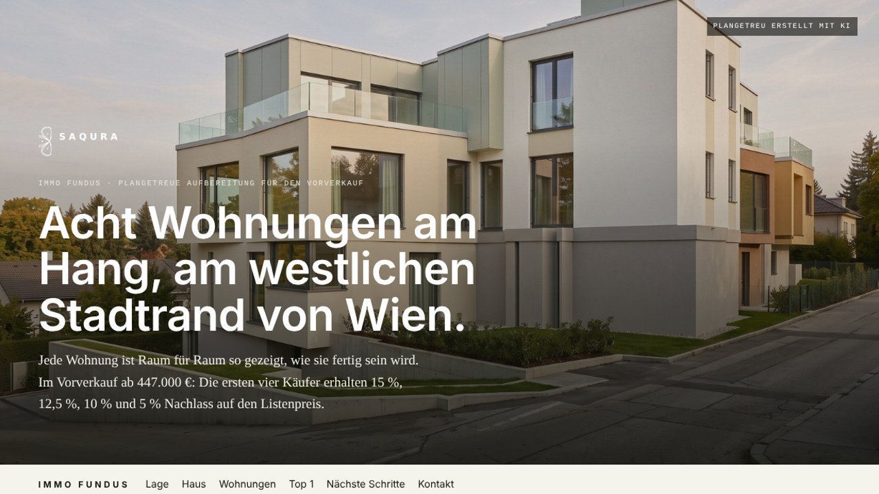 Die Seite für den Vorverkauf der Wohnungen